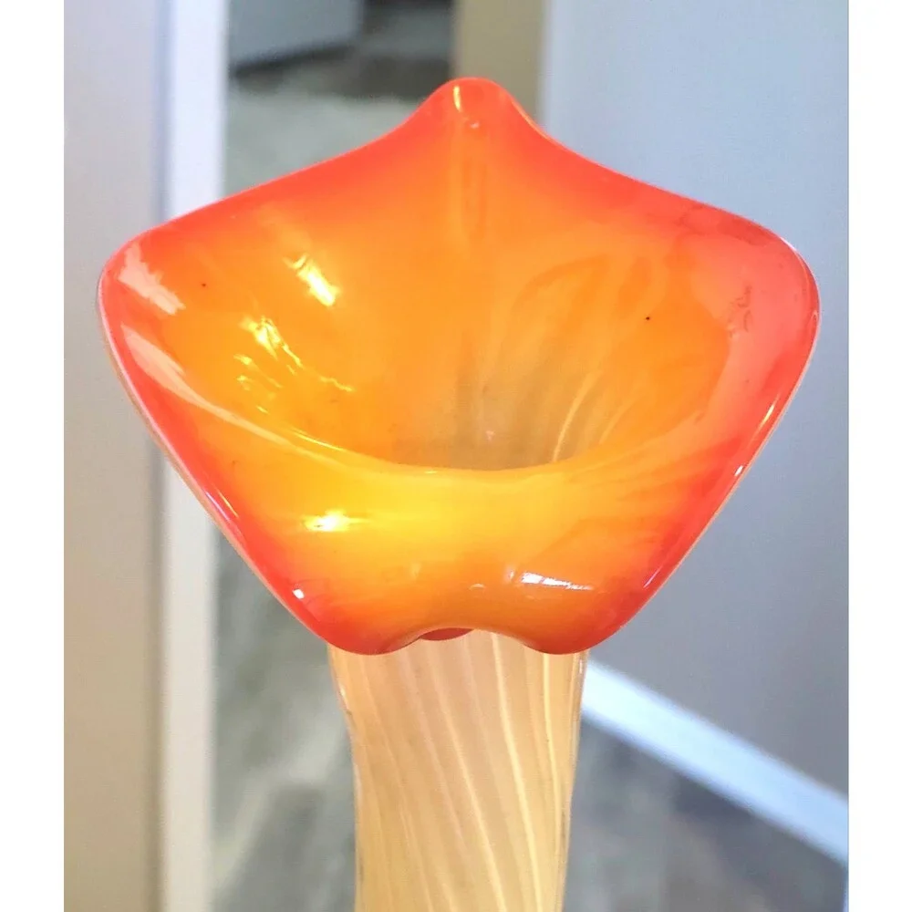 Mid Century Murano Style Blown Glass Art Vase Orange Yellow Jack In The Pulpit